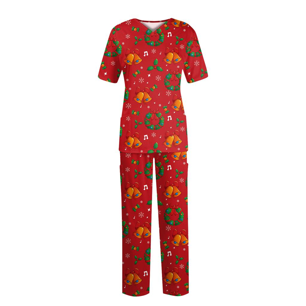 Women's Fashion Print Short Sleeve V Neck Pattern Tops Pocket Working Set