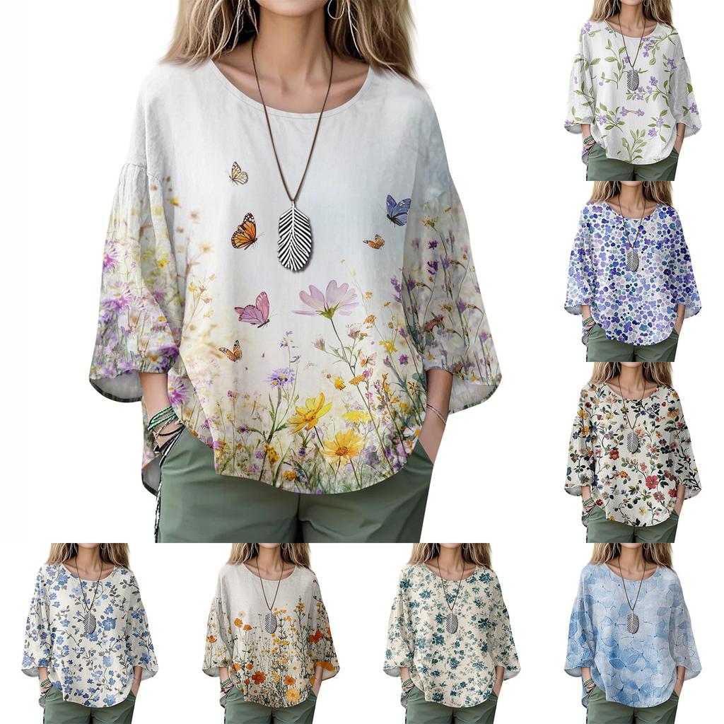 Summer Tops For Women Cute O Neck 3/4 Sleeve Blouses Floral Print Top Casual Shirts