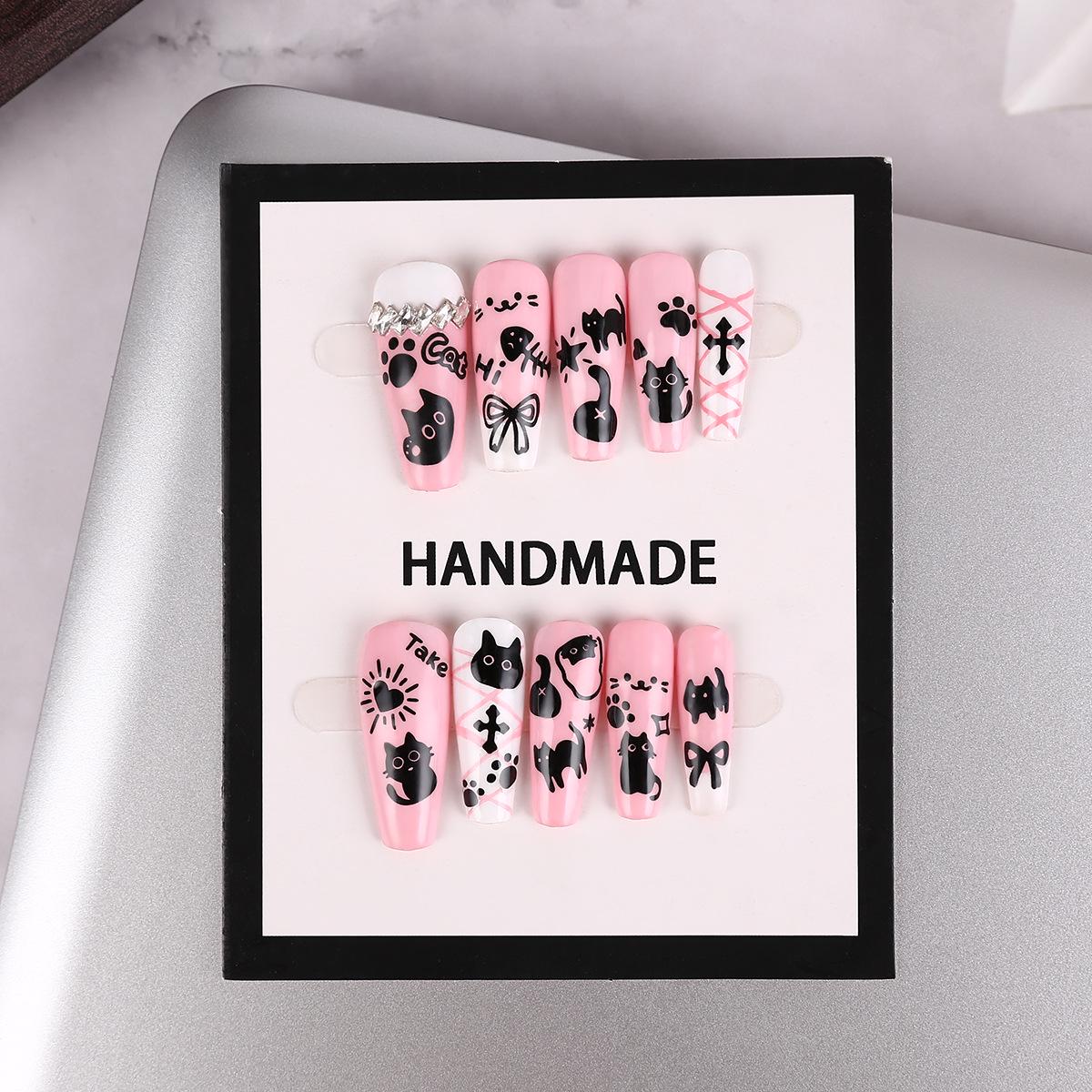

Japanese Style Cute Cat Paw Long Stiletto Press-On Nails, Girly Handmade Nail Art Tips. M + Tool Kit Set of 5