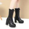 Women Mesh Fashion Black High Heel Platform Boots Spring Summer Modern Comfortable Soft Leather Thick Sole Mid Calf Boots