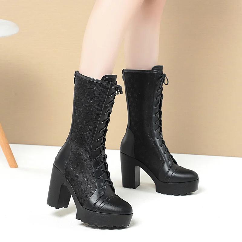 Women Mesh Fashion Black High Heel Platform Boots Spring Summer Modern Comfortable Soft Leather Thick Sole Mid Calf Boots