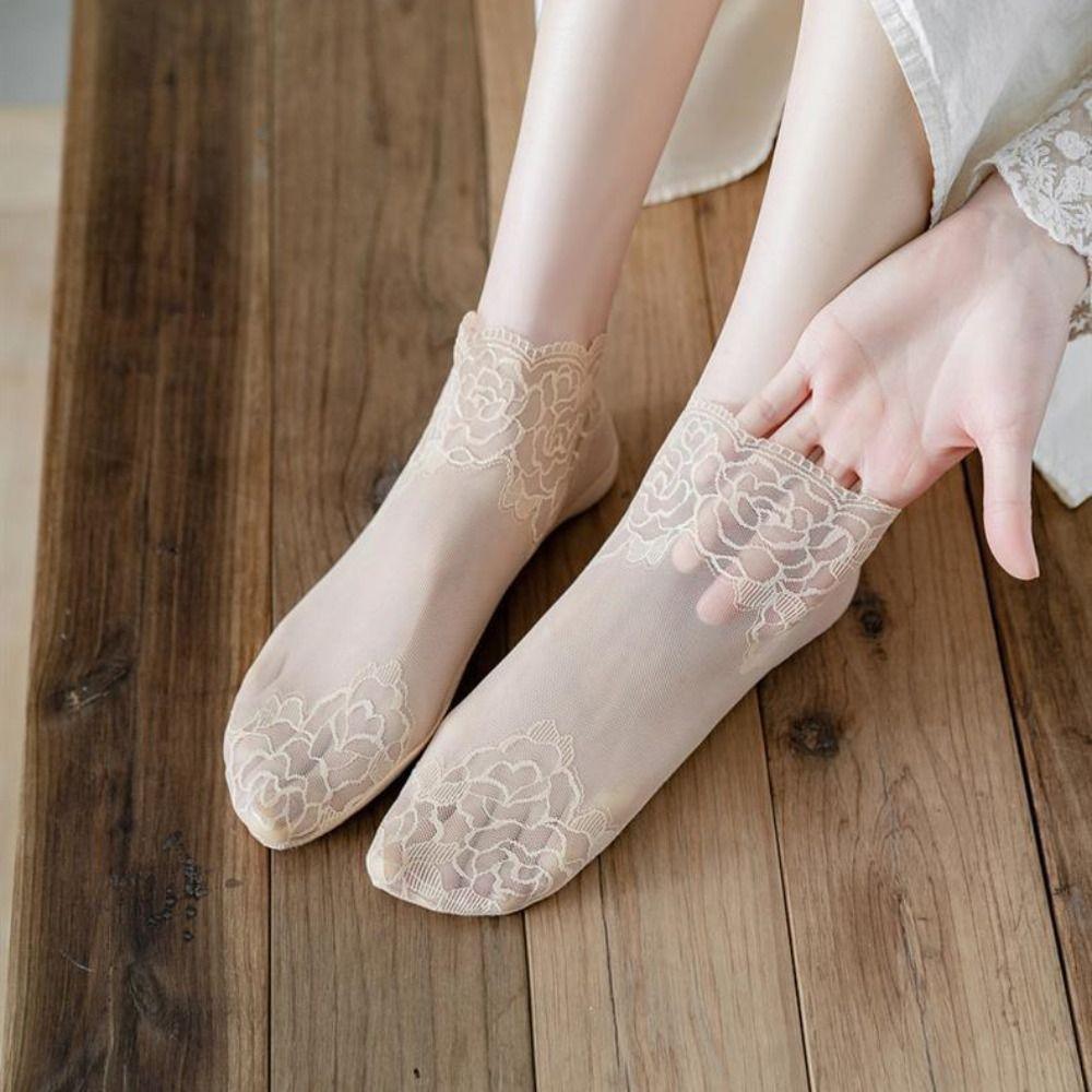5Pairs Flower Mesh Lace Socks Thin Tube Socks Women Korean Ins Transparent Tulle Socks Girl