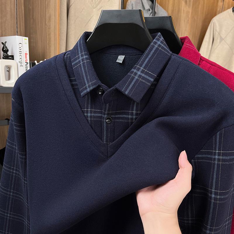 Men s 2025 Winter Plus Velvet Faux Two-Piece Lapel Knitwear for Middle-Aged & Elderly Dads XXXXL