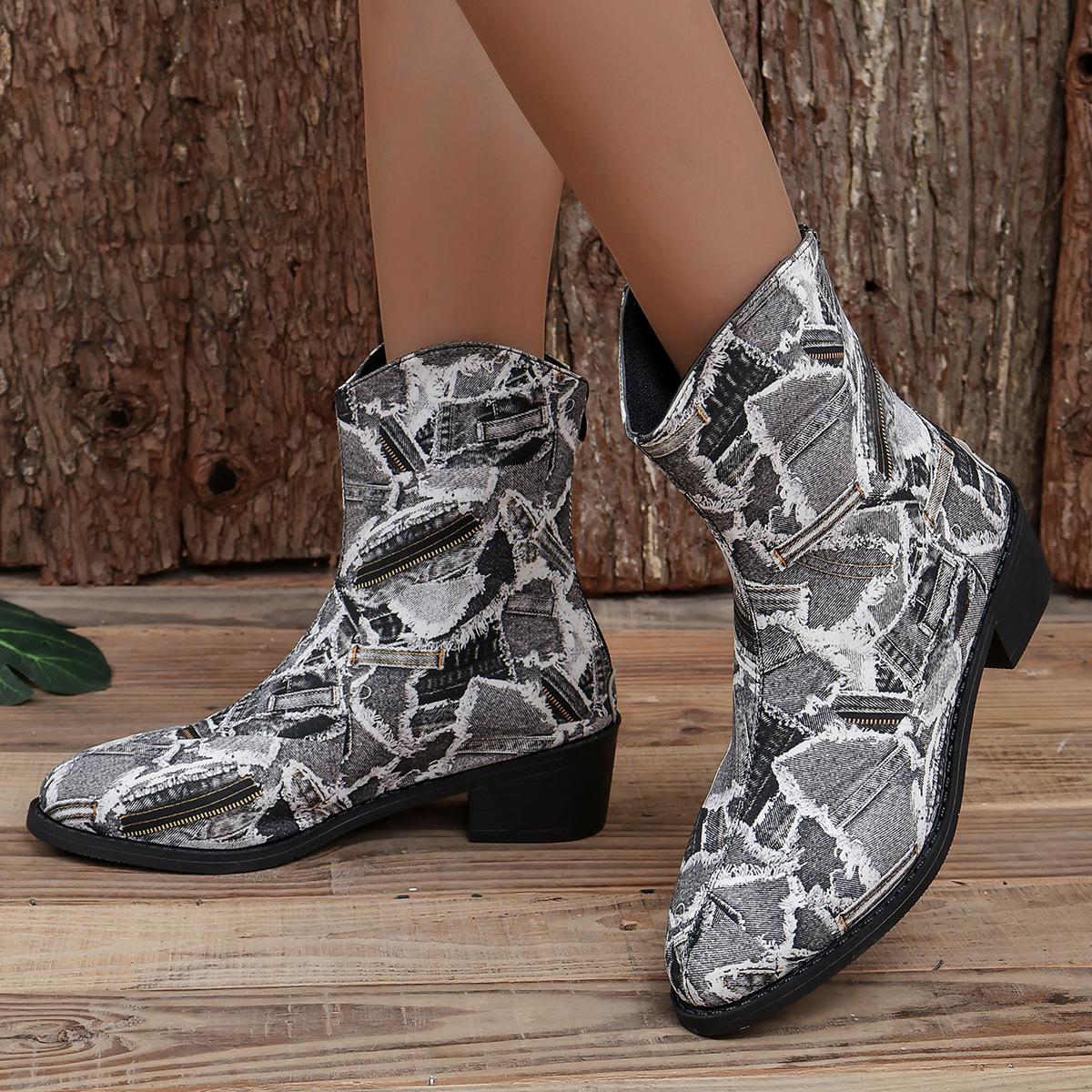 

European and American women s shoes versatile pointed low tube cowboy short boots thick heel medium heel women s Martin boots 36 чорний