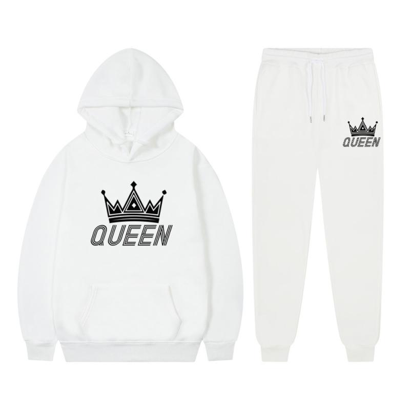 Long Sleeved Tracksuit QUEEN KING Print Lover Couple Outfits Fleece Hoodie Sweatpants Oversized Sweatshirt Pants Suit Men Clothe