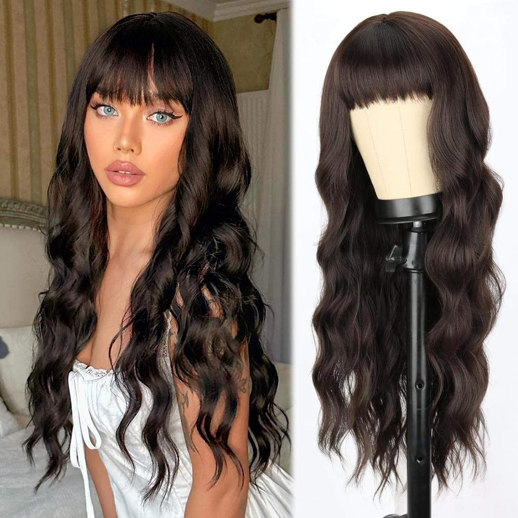 Long Auburn Wigs with Bangs Long Wavy Wigs for Women 26 Inch Copper Red Middle Part Copper Wavy Wig Natural Looking Synthetic Auburn Long Wig