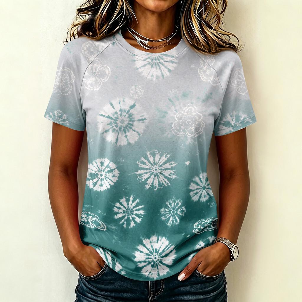 Damen Freizeit Kurzarm Raglan T-Shirt Rundhals Batik-Print Leichtes Weiches Gewebe Sommer Oberteil