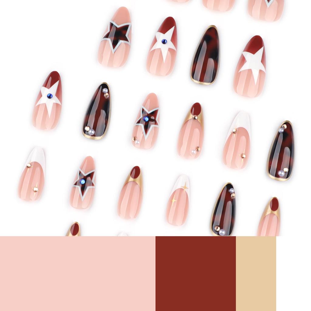 Tortoiseshell Gradient Almond Nails with Five-Pointed Star Design - Autumn/Winter Wearable Nail Tips.