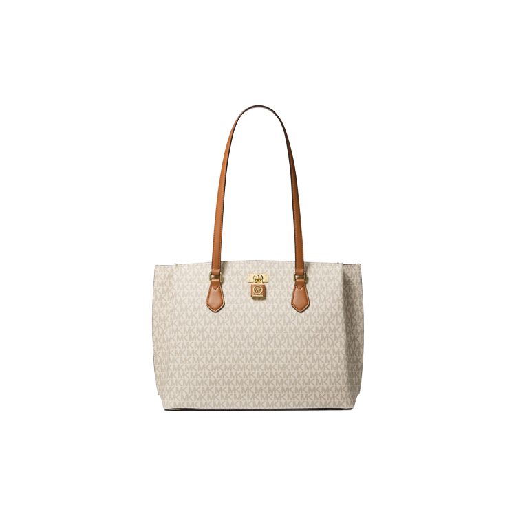 

Michael Kors Mk Ruby Monogram Commuter Large Capacity Tote Bag Women Tote Bag Vanilla-White Acorn-Brown 30S3GR0T3B-149 Basic Set (Bag+Dust Bag)