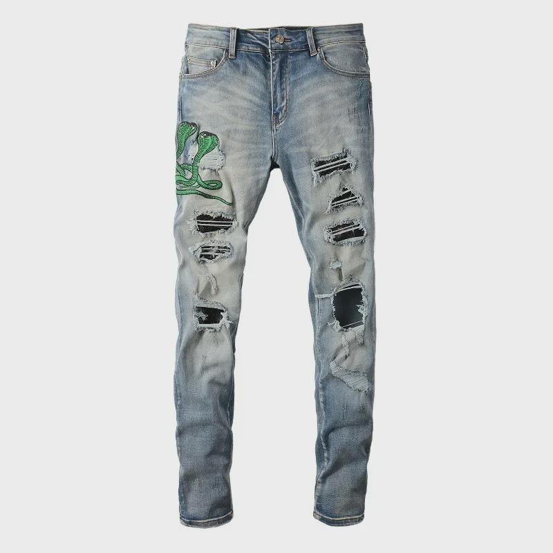 Americká high street móda Vyšívaná kobra Roztrhaná nášivka Slim Strečové džíny