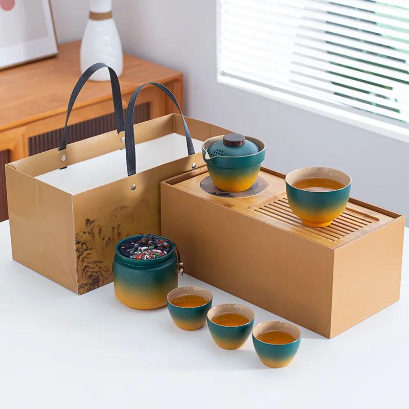 Travel tea set Kuaike cup, one pot, three cups, portable cover bowl, small set, outdoor kung fu set, tea advertising gifts