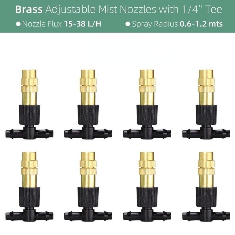 10Pcs Adjustable Copper Misting Nozzle with 4/7mm Plastic Tee Connector Brass Watering Irrigation Sprinkler Cooling Nozzle