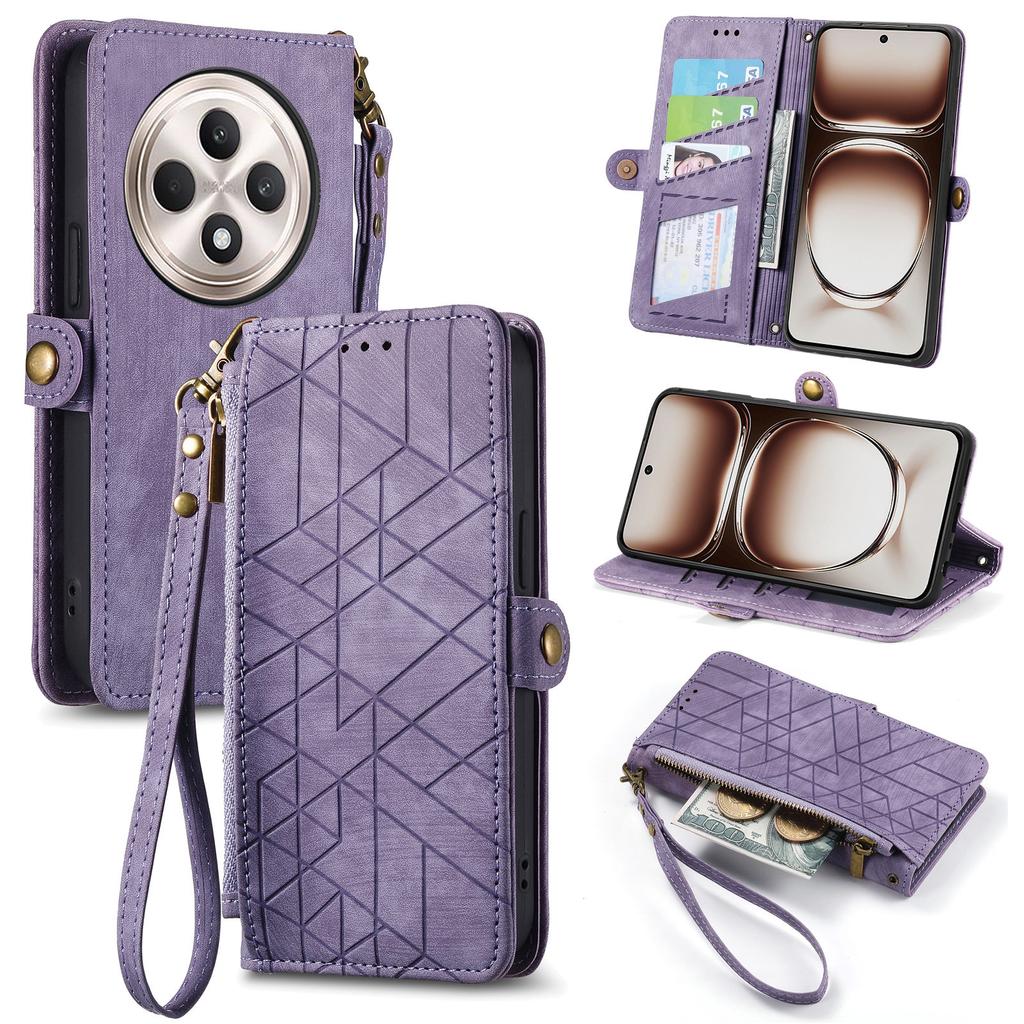 For Oppo Reno12 F 5G Zipper Wallet Case Geometry Lines Leather Phone Cover with Strap