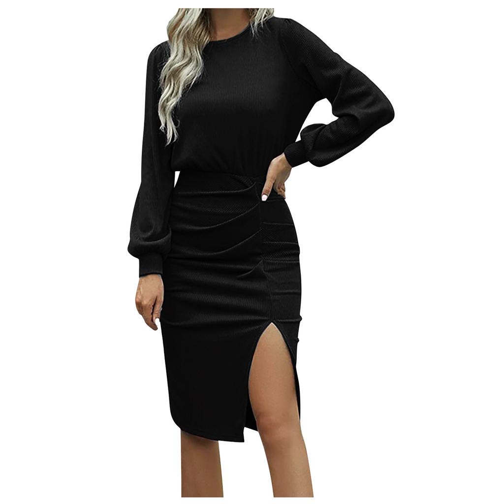 Women's Fashion Color Round Neck Waist Long Sleeve Slit Bag Hip Dress