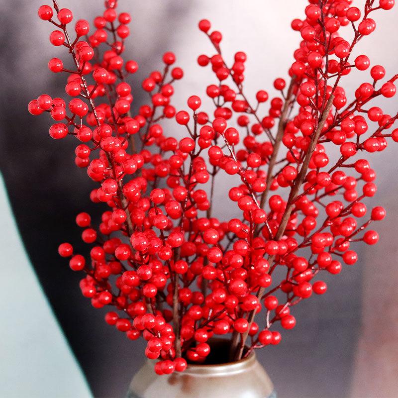 Wholesale Artificial Christmas Red Berries Branches 30heads Plastic Fake Berry Holly Branch Plants Flowers Party Home Decoration