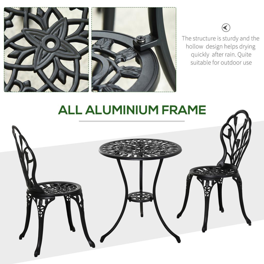 Three Piece Aluminium Floral Bistro Garden Set Black