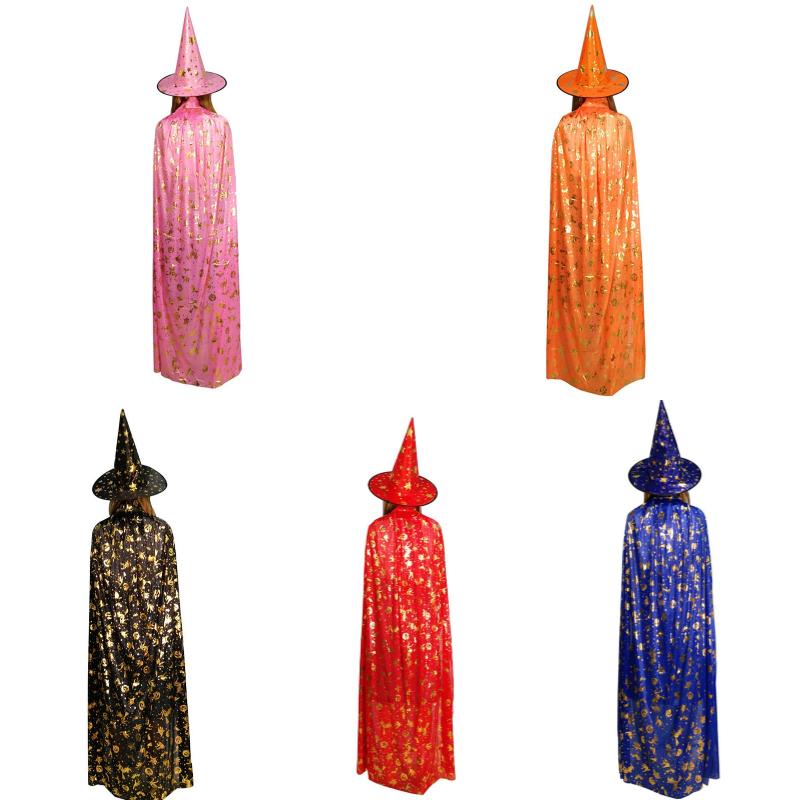 Gold Foil Cloak Costume Witch Hat Kids Adults Halloween Party Performance Stage