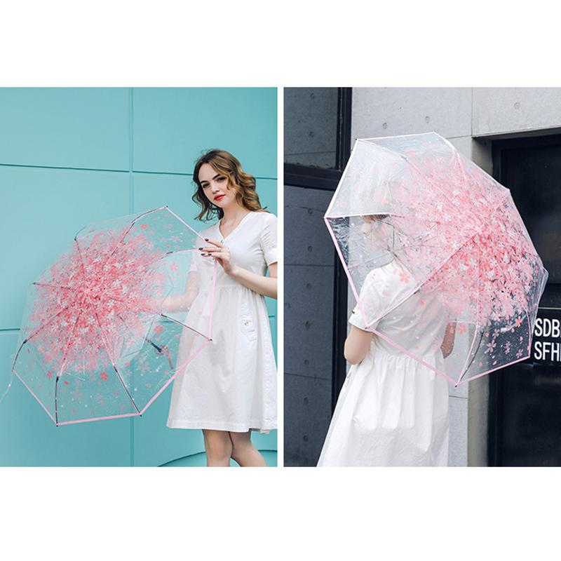 Korean Style Umbrella Folding Cute Goddess Small Fresh Simple Forest Style Three Fold Cherry Blossom Transparent Umbrella