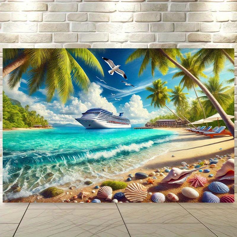 1 piece Tropical Cruise Beach Landscape Wall Background - Vibrant Palm Trees Beach and Turquoise Ocean 180X110