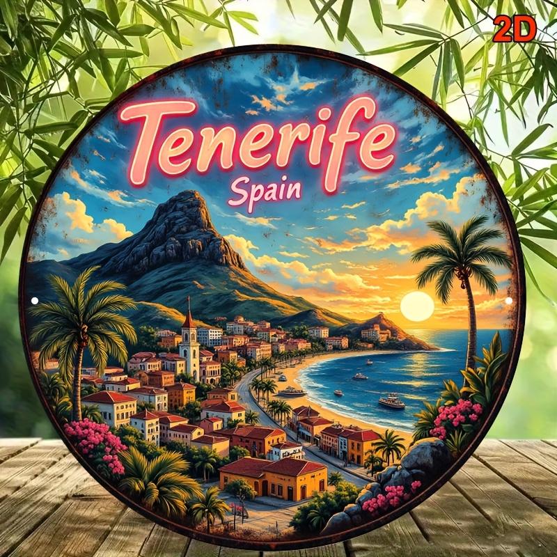 D Flat Print Metal Sign Vintage Tenerife Spain Sunset Metal Wall Art Round Sign with Coastal Landscape Vibrant Colors 20x20cm(8x8inch)