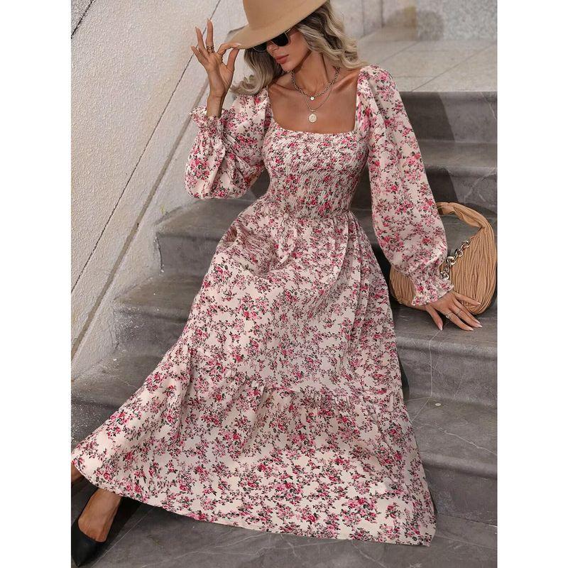 

Милый Весенне-Осенний Новинка Мода Круглый Вырез Мелкий Цветочный Модный Элегантное Платье с Воланами и Длинными Рукавами Платье Платье Платье Pink XS