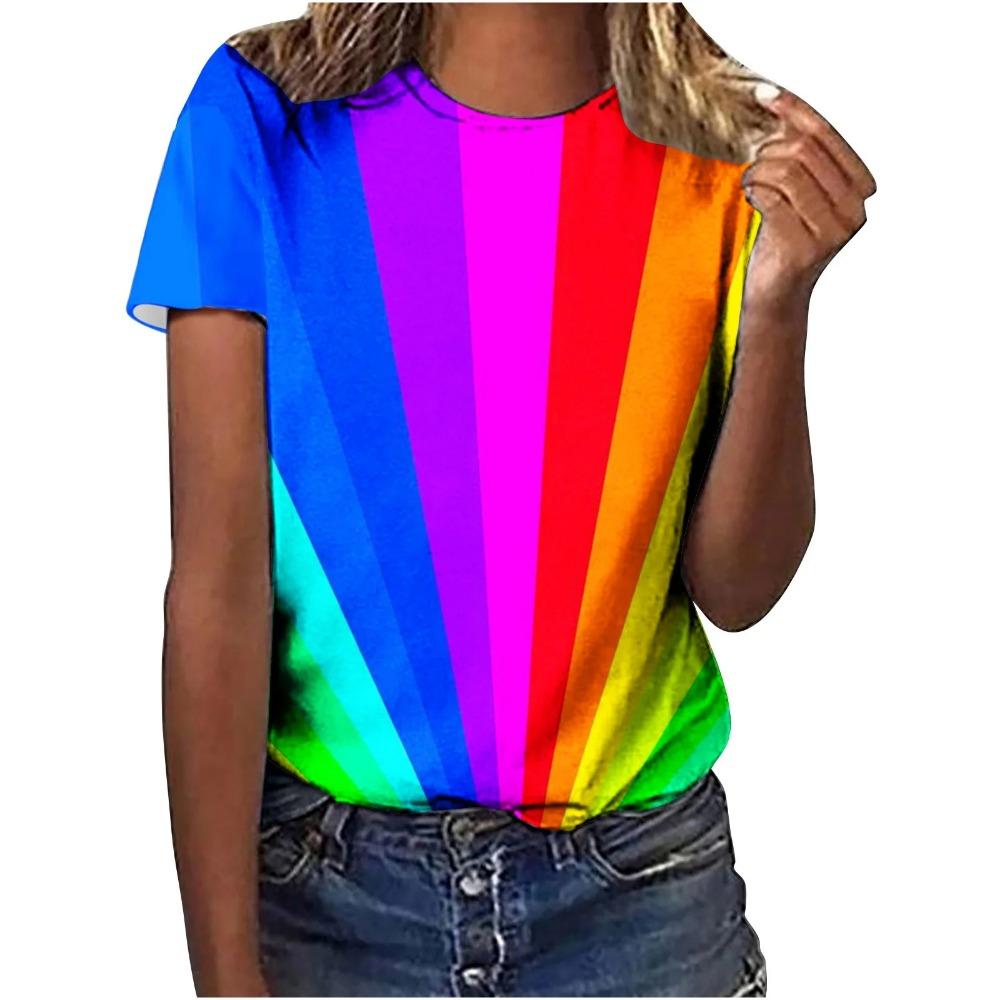 Sommer Neues Regenbogen 3D-Druck Damen Kurzarm Lässiges Rundhals-T-Shirt Y2K-Stil Harajuku Oberteil