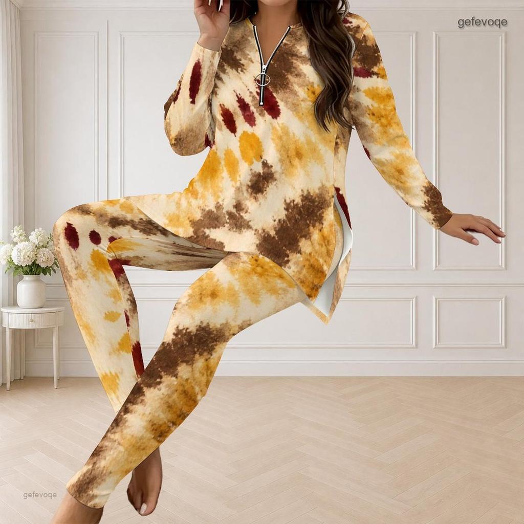 Women Plus Size Printed Two Piece Set Half Zip Neck Long Sleeve Top And Fitted Long Pants
