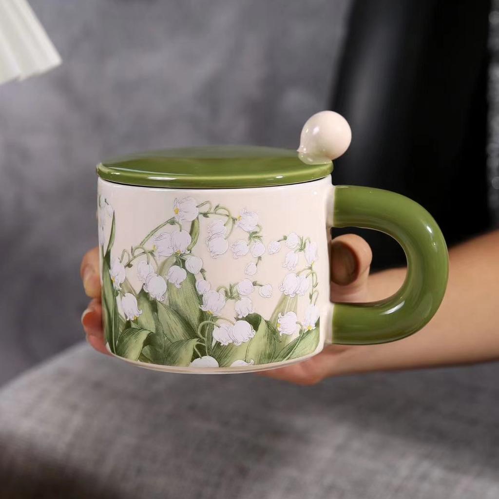 Light Luxury Flower Ceramic Cup With Lid Spoon High Value Household Drinking Cup Office Coffee Cup Teacup Mug