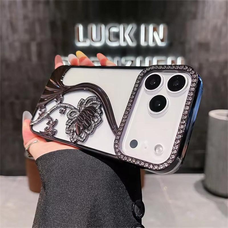 

Прозрачный чехол для телефона с блестящими стразами и цветами для iPhone 17 Air 16 15 14 13 12 11 Pro Max Plus, с гальванизированной рамкой-броней и задней крышкой iPhone 11 чёрный