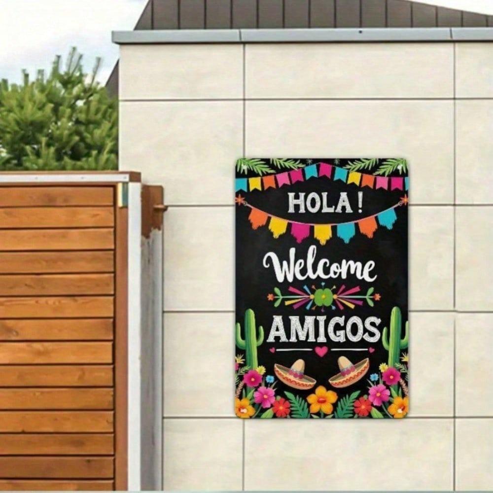 Hola Amigos Iron Wall Art Colorful Mexican Fiesta Welcome Sign Cactus Sombrero Decor Retro Home Cafe Party Hanging Plaque