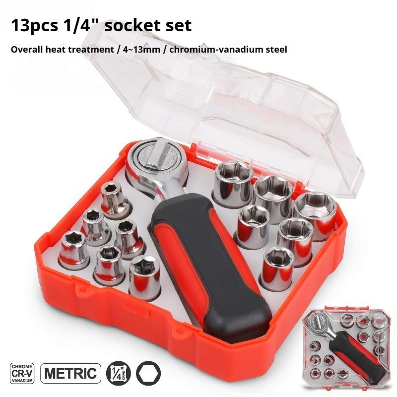 13pcs 1/4'' Socket Wrench Combo Set 4-13mm Manual Ratchet Wrench Tool