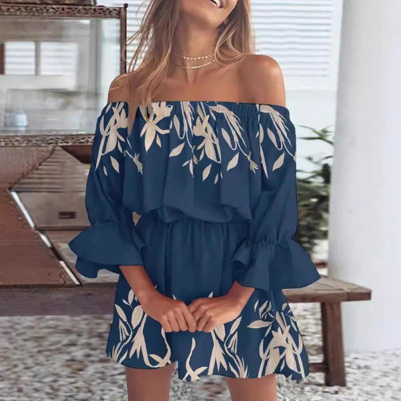 Women Floral Print Mini Dress Summer Sexy Off Shoulder Flare Sleeve Tunic Dress Female Casual Boho Beach Dress