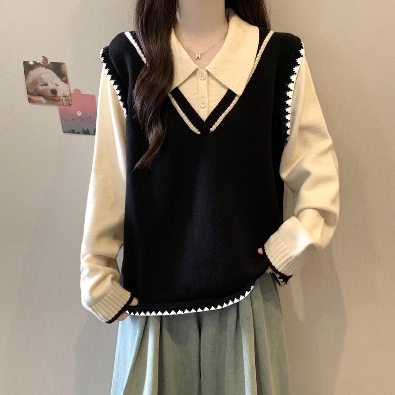 Plus Size Women s Thick Knit Sweater - Slimming Two-Piece Loose Top for Autumn/Winter L чёрный