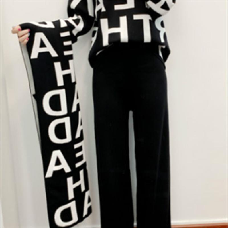 Knitted Suit Women'S Autumn And Winter Casual Fashion Temperament Scarf Sweater Wide Leg Pants Three Piece Set