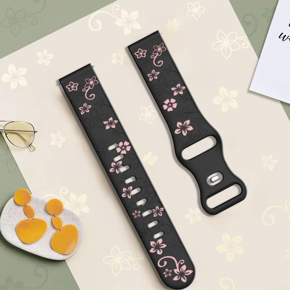 18mm 20mm 22mm Floral Engraved Strap For Samsung Galaxy Watch 7 6 5 4 Cute Fancy Silicone Soft Band For Watch 5 Pro/Active 2