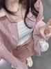 Women's Pink Striped Shirt Jacket - 2024 Autumn Sun Protection, Loose Lazy Style Cardigan Top