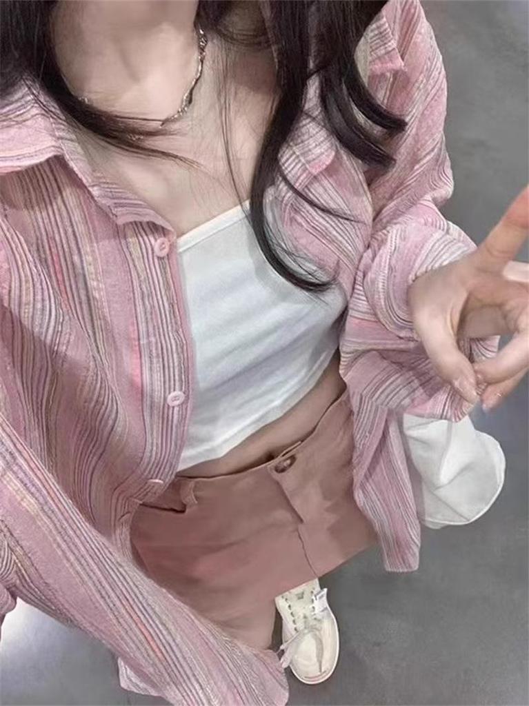 Women's Pink Striped Shirt Jacket - 2024 Autumn Sun Protection, Loose Lazy Style Cardigan Top