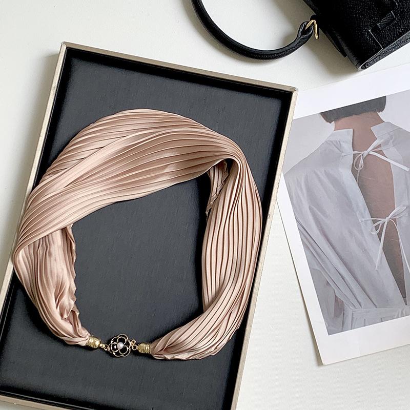 New Monochrome Magnetic Variety Silk Scarf Necklace Women's Pleated Summer Sunscreen Headscarf Decorative Scarf