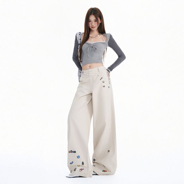Autumn and winter new cartoon embroidered casual pants women's straight loose and versatile wide-leg scimitar pants