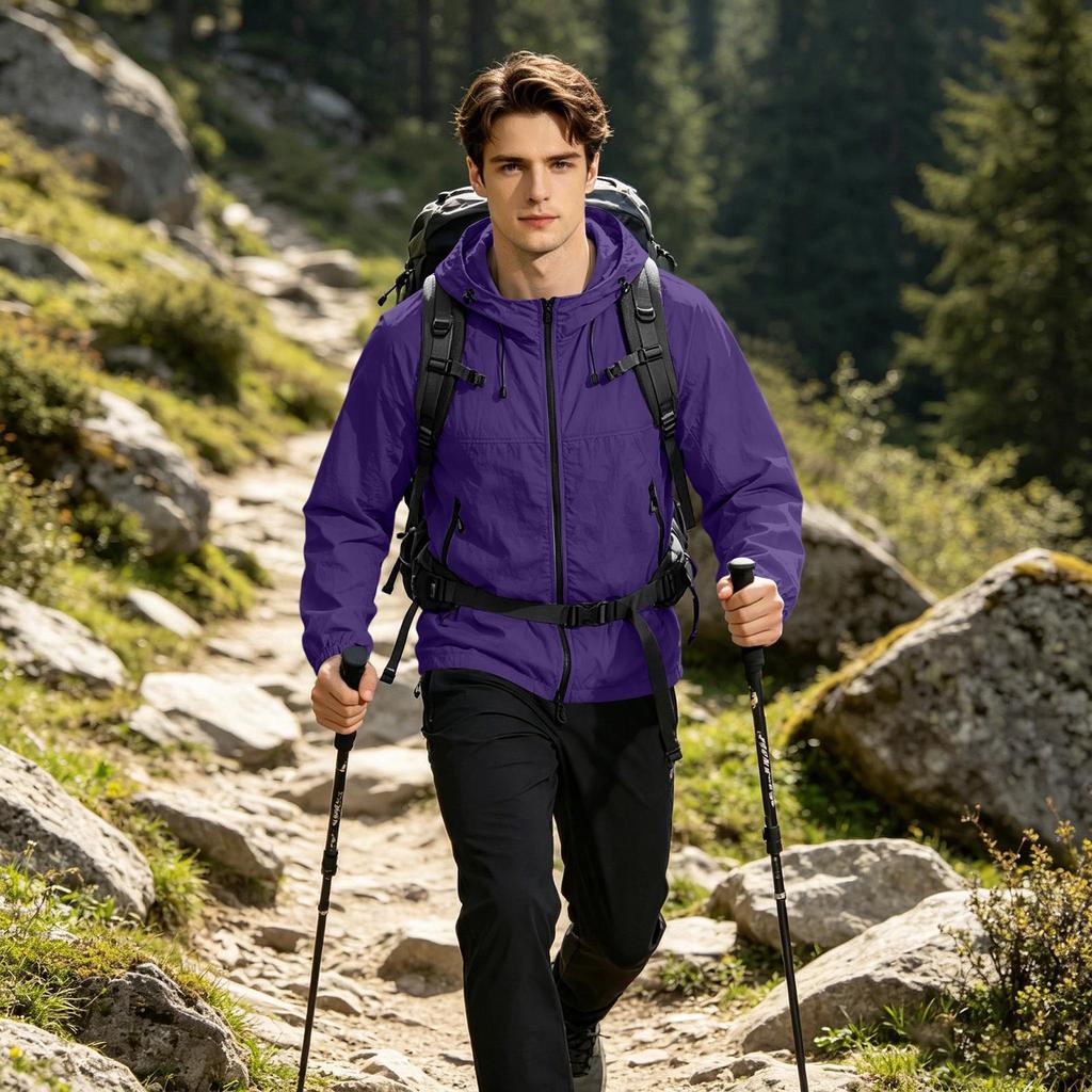 Men's Lightweight Hooded Sun Protection Jacket UV Resistant Outdoor Windbreaker with Zipper Pockets and Adjustable Drawstrings for Travel