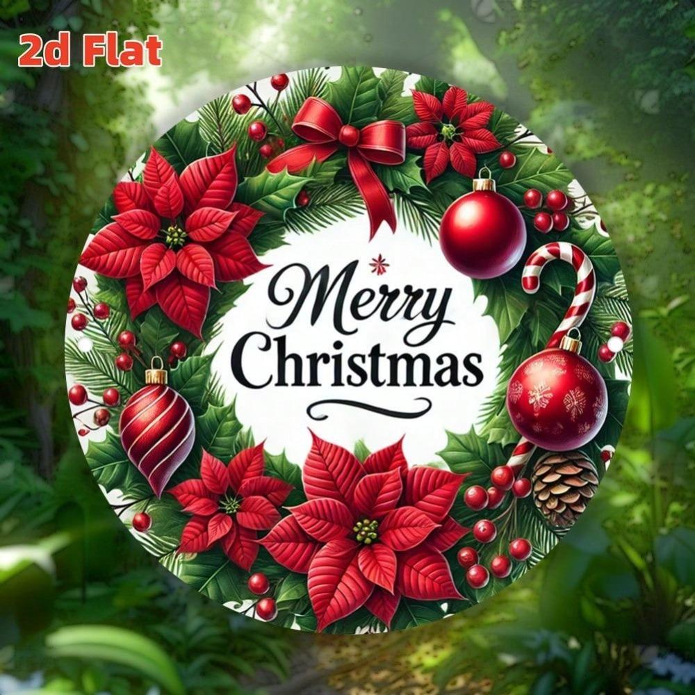 Vintage Christmas Wreath Metal Sign Merry Christmas Wall Decor Red Poinsettia Aluminum Art Weatherproof Outdoor Indoor Home Garden Cafe Bar
