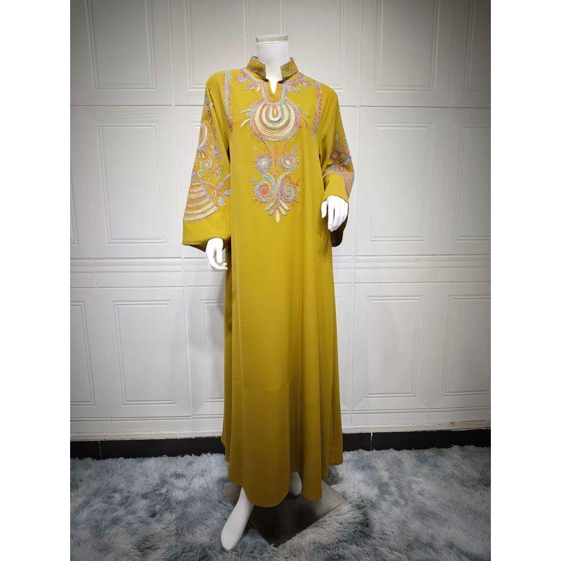 

New Middle East Women clothes Embroidered Rope Embroidered Pullover Loose Robe Dress Rope Embroidered Dress Yellow L