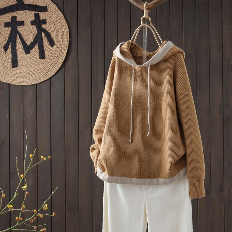 Autumn Winter Hooded Contrast Color Drawstring Long Sleeve Casual Sweater Women's Pullover Fashion Loose Knitted Bottom Tops