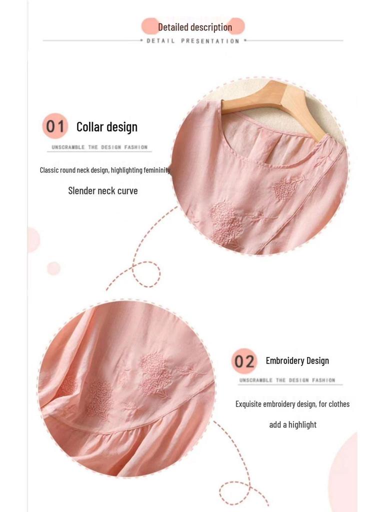 Women's 2023 Literary Embroidered Cotton Linen Blouse - Summer Loose Round Neck Pleated Pullover Top