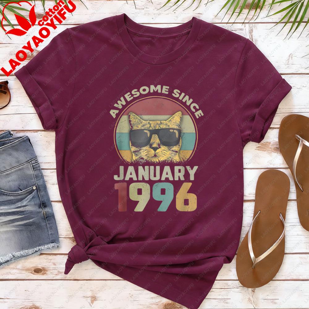 

Awesome Since January 1996 T Shirt Unisex Women Vintage Cool Cat Sunglasses Graphic Tee 30th Birthday Gift Animal Lover Tops S
