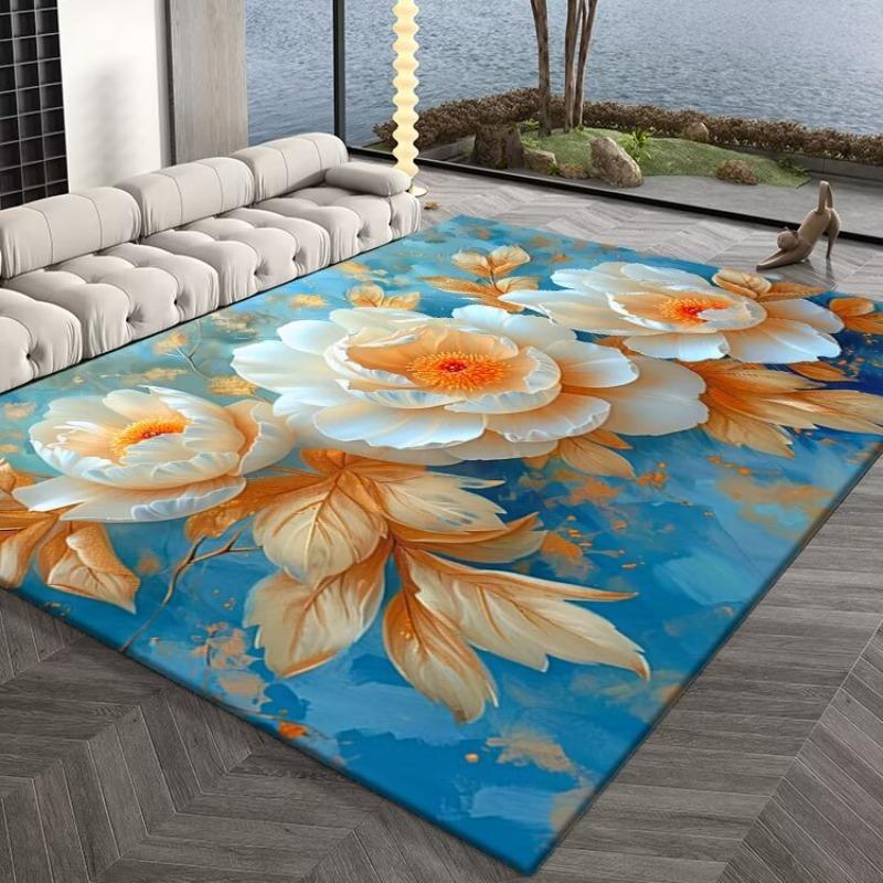 Elegant Fine 3D Peony Floral Pattern Carpet Mat Blue Pink Gold Relief Rug for Living Room Bedroom Hotel Luxury Home Decoration
