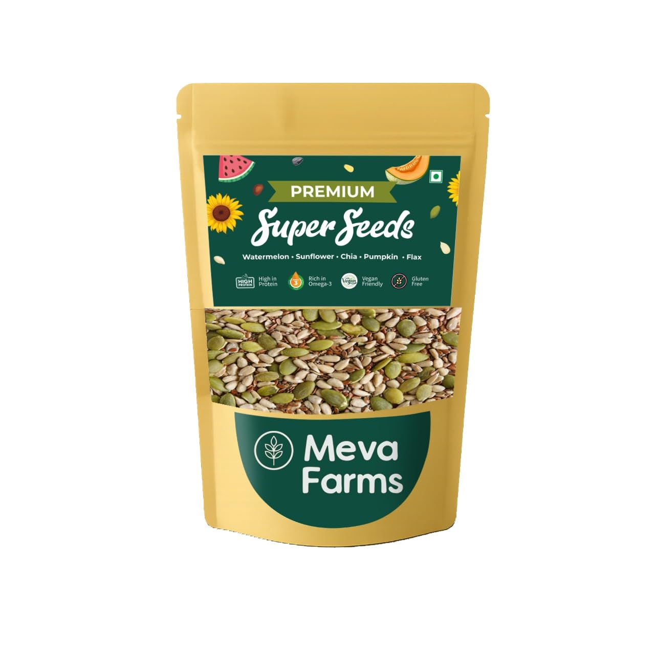 

Meva Farms Premium Super Seeds Mix 250g | Watermelon, Sunflower, Chia, Pumpkin & Flax Seeds | High in Protein & Fiber | Healthy Snack | Resealabl