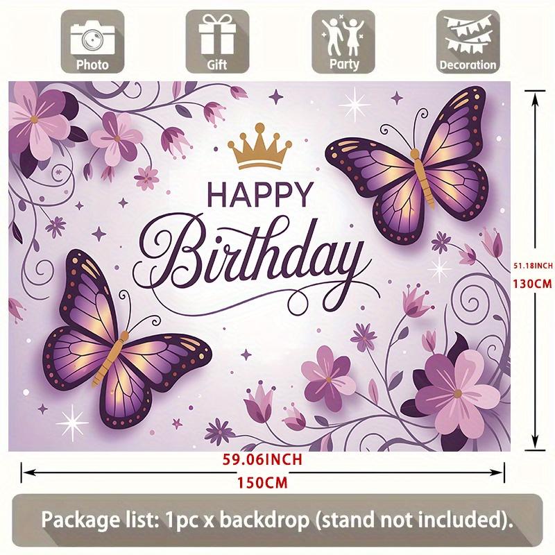 Purple Butterfly Birthday Banner, Golden Accent Backdrop Wall Decor for Party