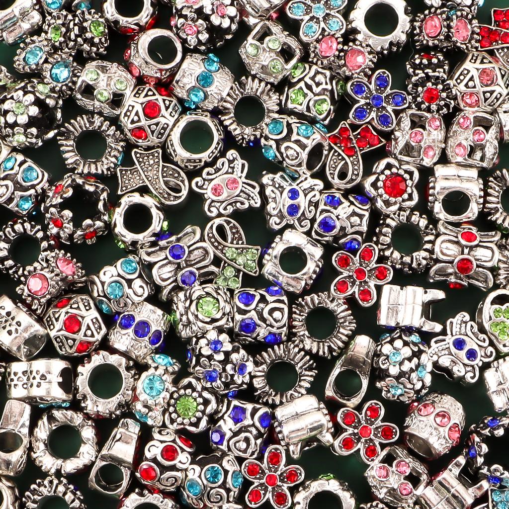 10pcs Colorful Antique Silver Rhinestone Spacer Beads Large-Hole Crystal Glass European-Style Beads for DIY Snake Chain Jewelry