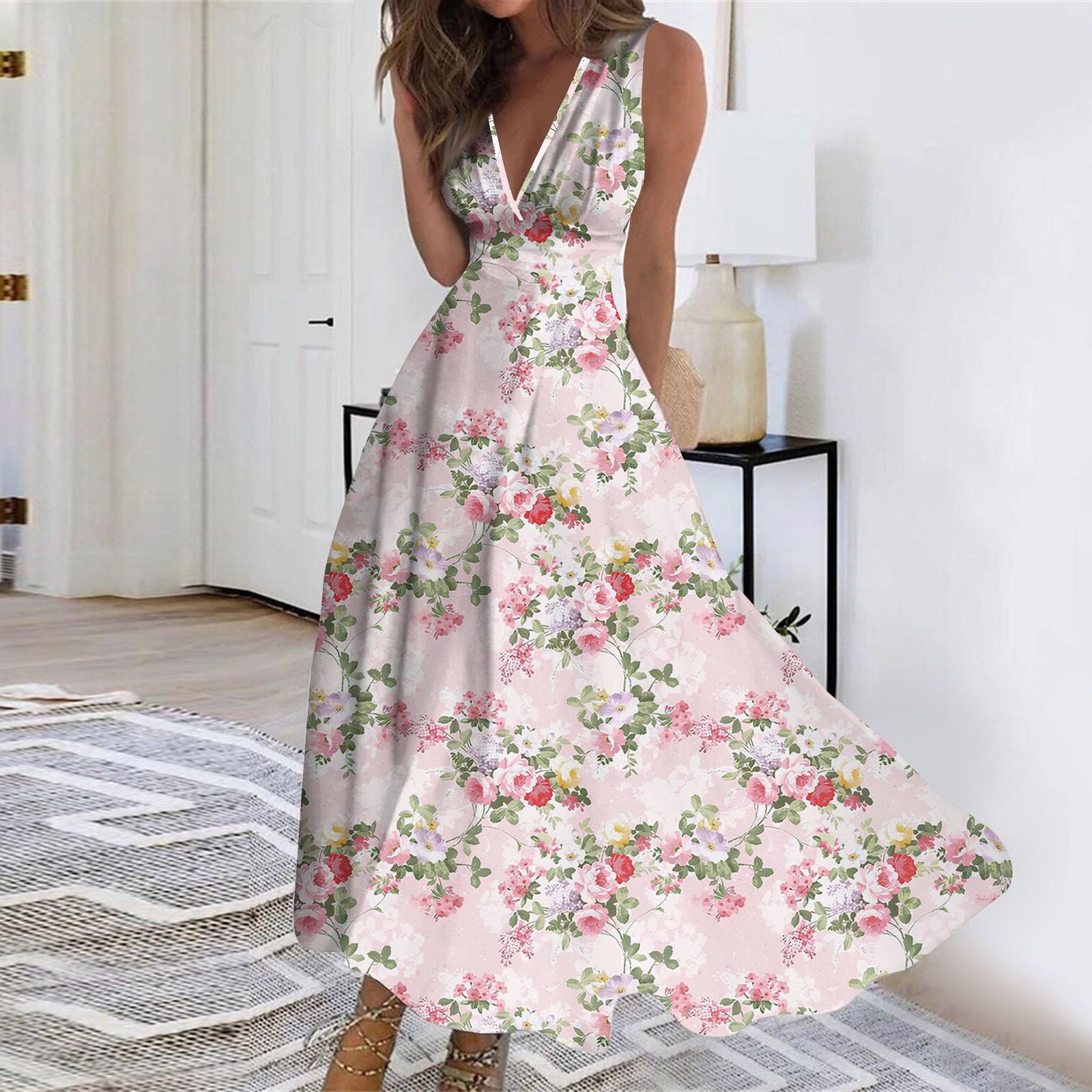 

Женская мода лето маленький цветочный V-образный вырез без рукавов туника повседневные платья M